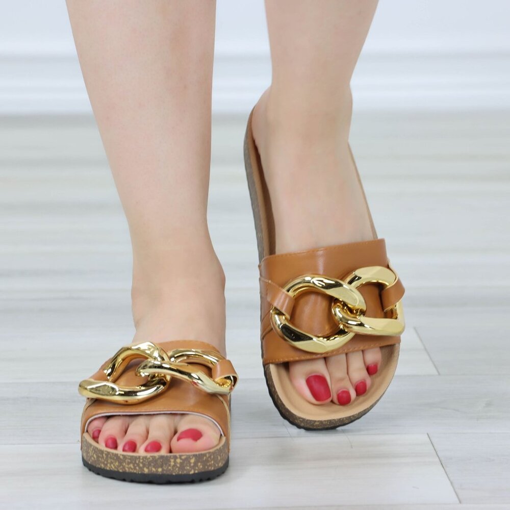 Brown Slide Sandals Cork Sole Gold Accent Slip On Open Toe Casual